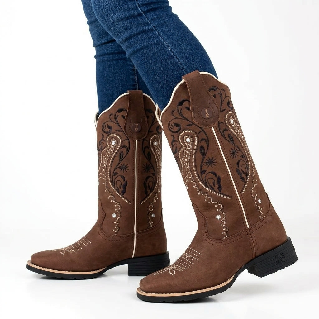 BOTA TEXANA – COURO HORSE NESCAU BORDADO FLORÊNCIA PRETO, BRANCO E BEGE