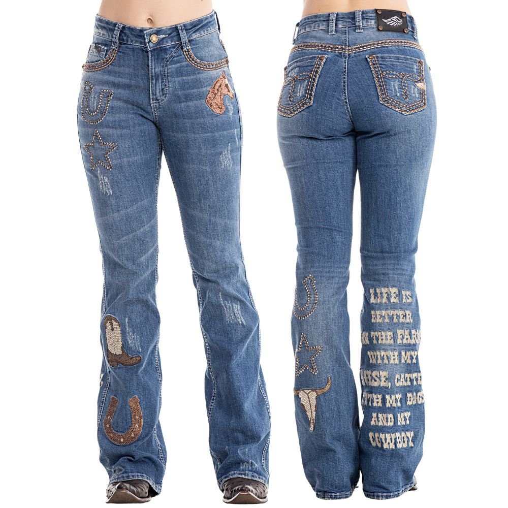 Calça Zenz Western Jeans Old Farm Bordados e Brilhos Barra – ORIGINAL